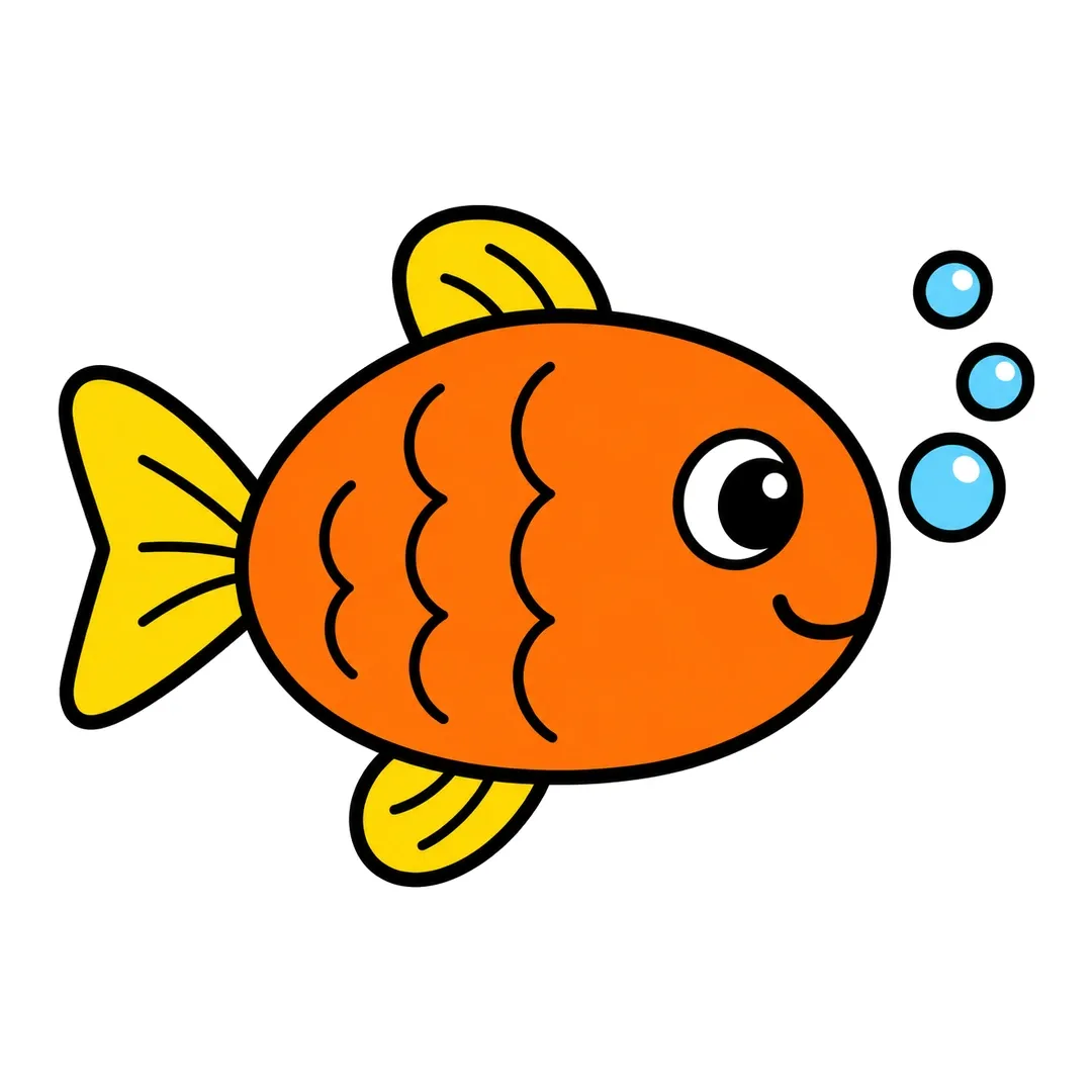 Finished cartoon fish with an orange body, yellow tail and fins, wavy lines of scales, a big eye, a smile and three blue bubbles