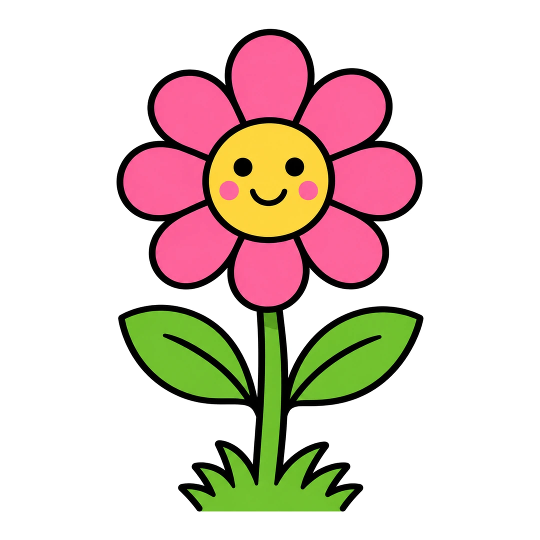 Finished cartoon flower with pink petals, a yellow smiling center, pink cheeks, a green stem, two leaves and grass