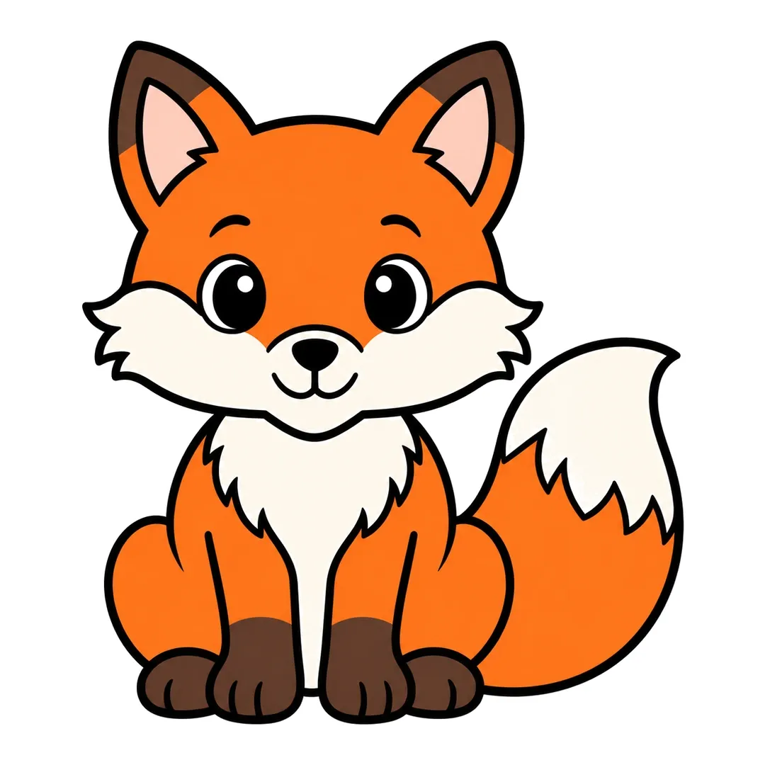 Finished cartoon fox sitting, orange with cream cheeks, chest and tail tip, dark brown ear tips and paws, and pink inner ears