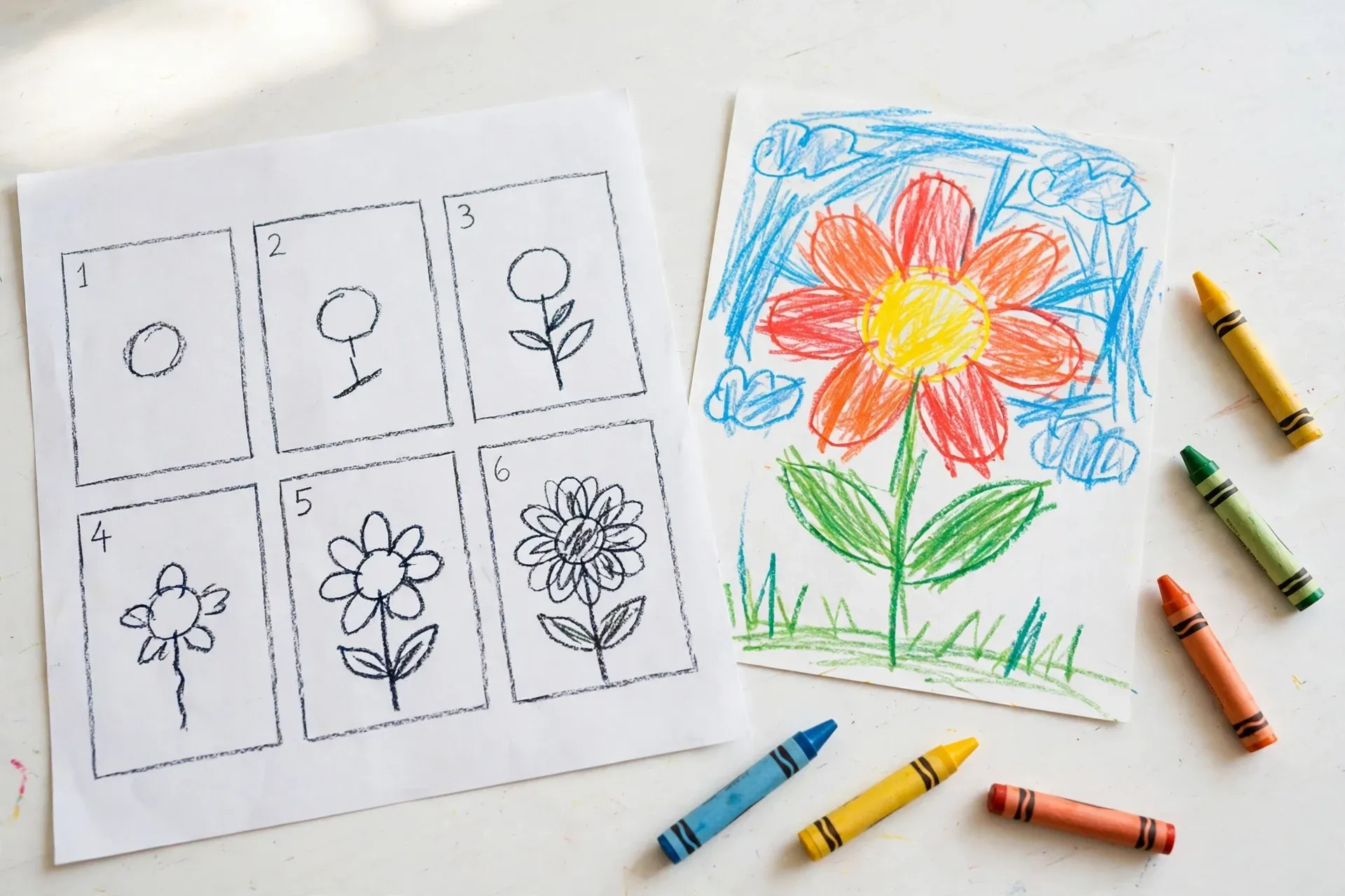 Printed step sheet with a drawing split into numbered boxes, a colored finished copy and crayons