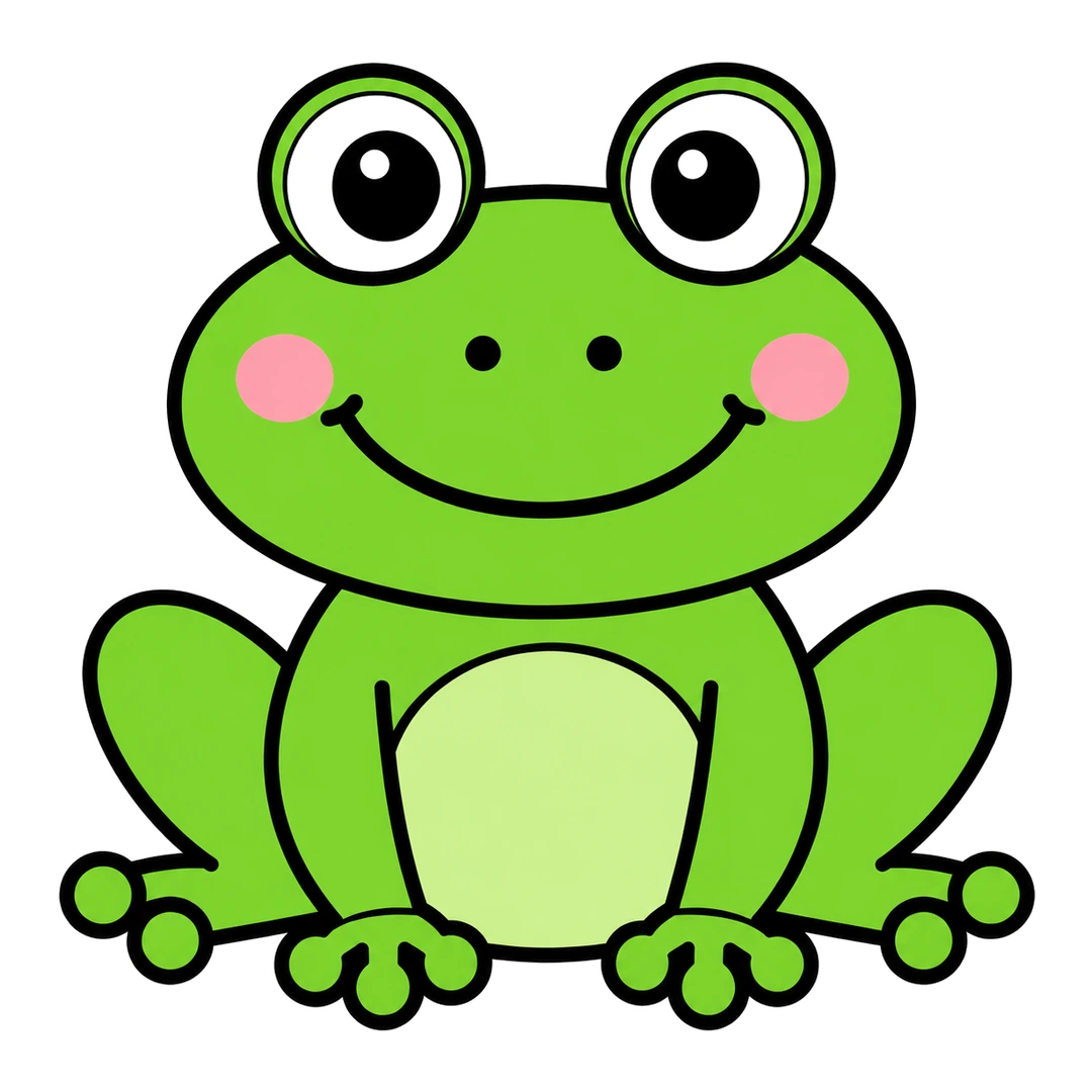 Finished cartoon frog sitting, green with a light green belly, big round eyes, pink cheeks and round toes