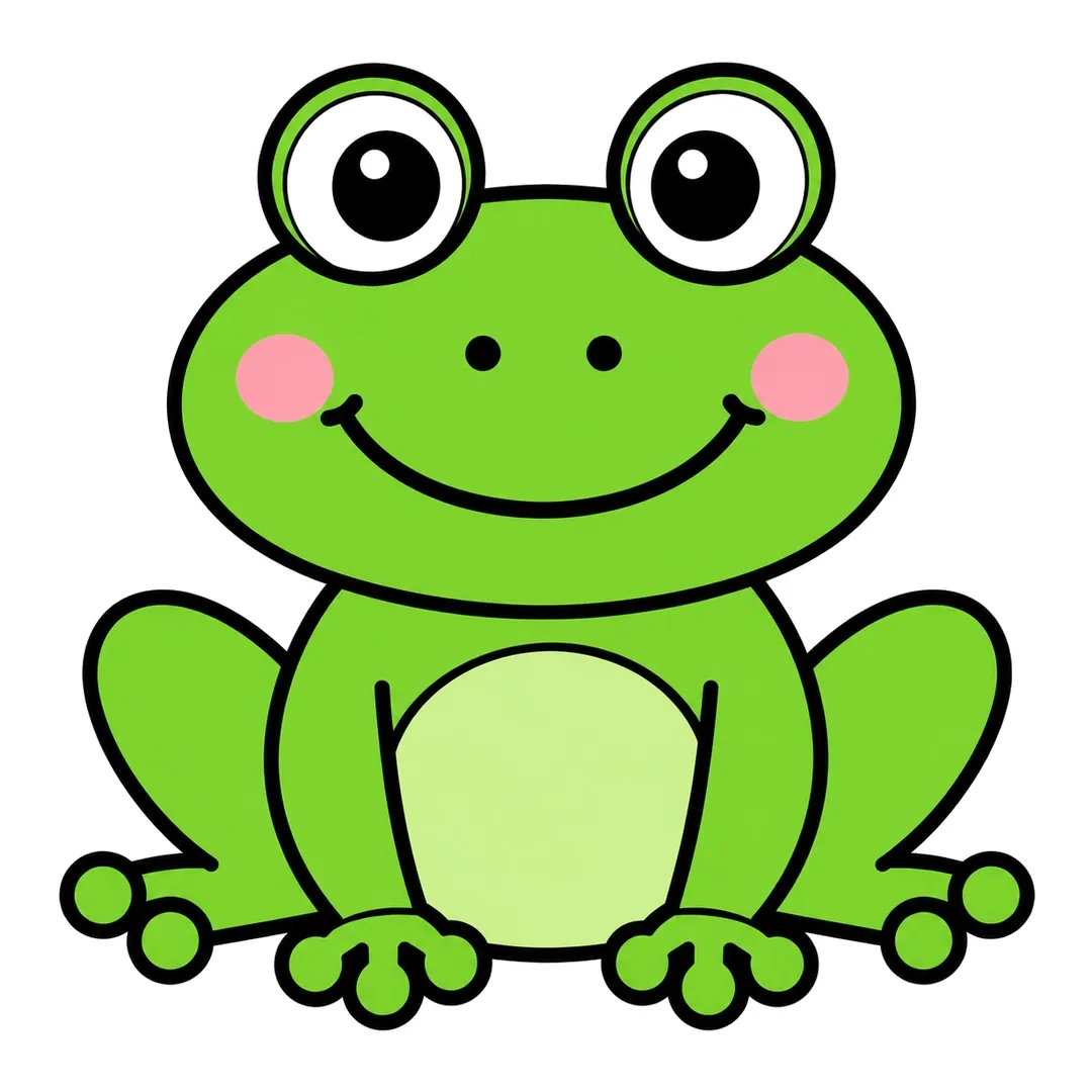 Finished cartoon frog sitting, green with a light green belly, big round eyes, pink cheeks and round toes