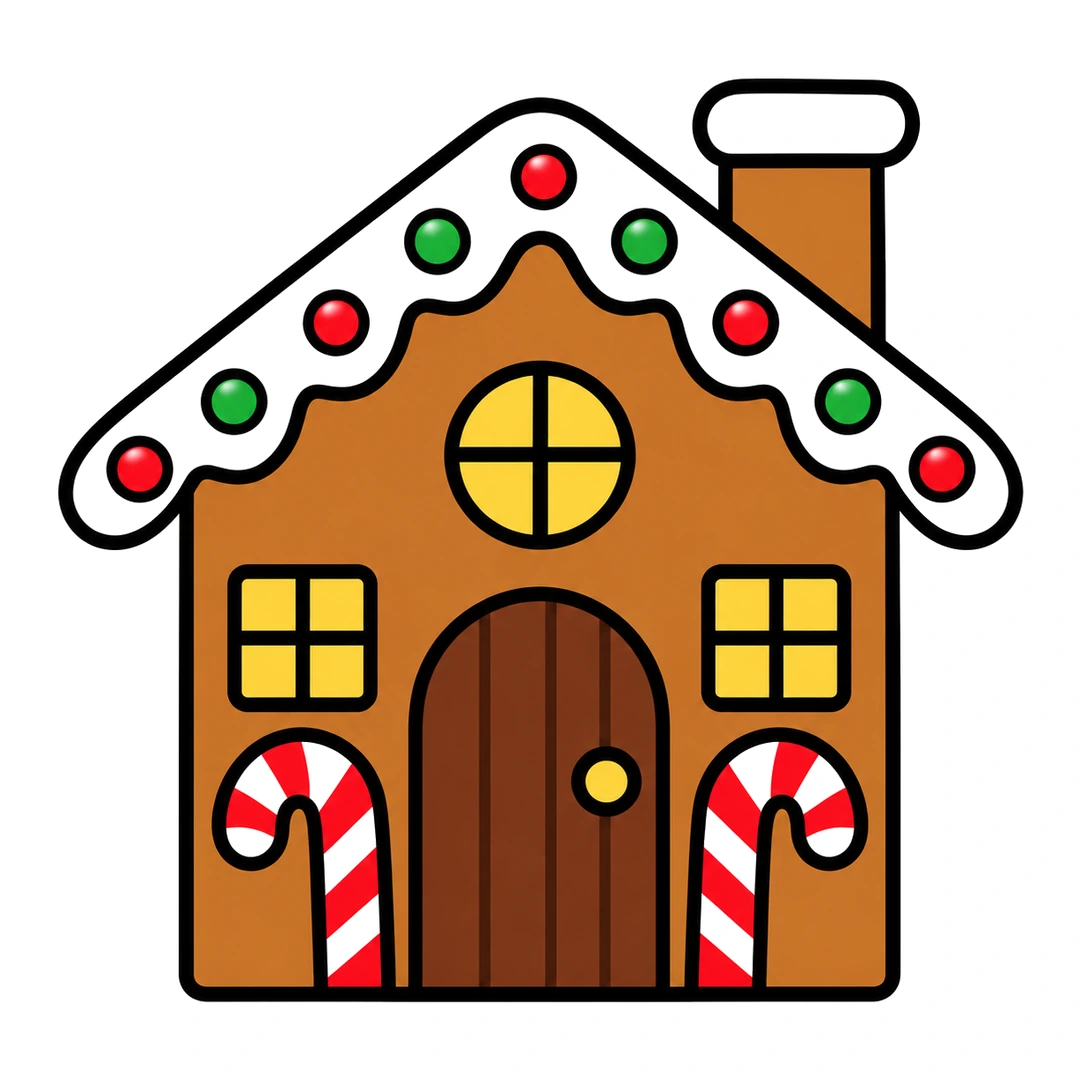 Finished cartoon gingerbread house with white icing, red and green candy dots, yellow windows and candy canes