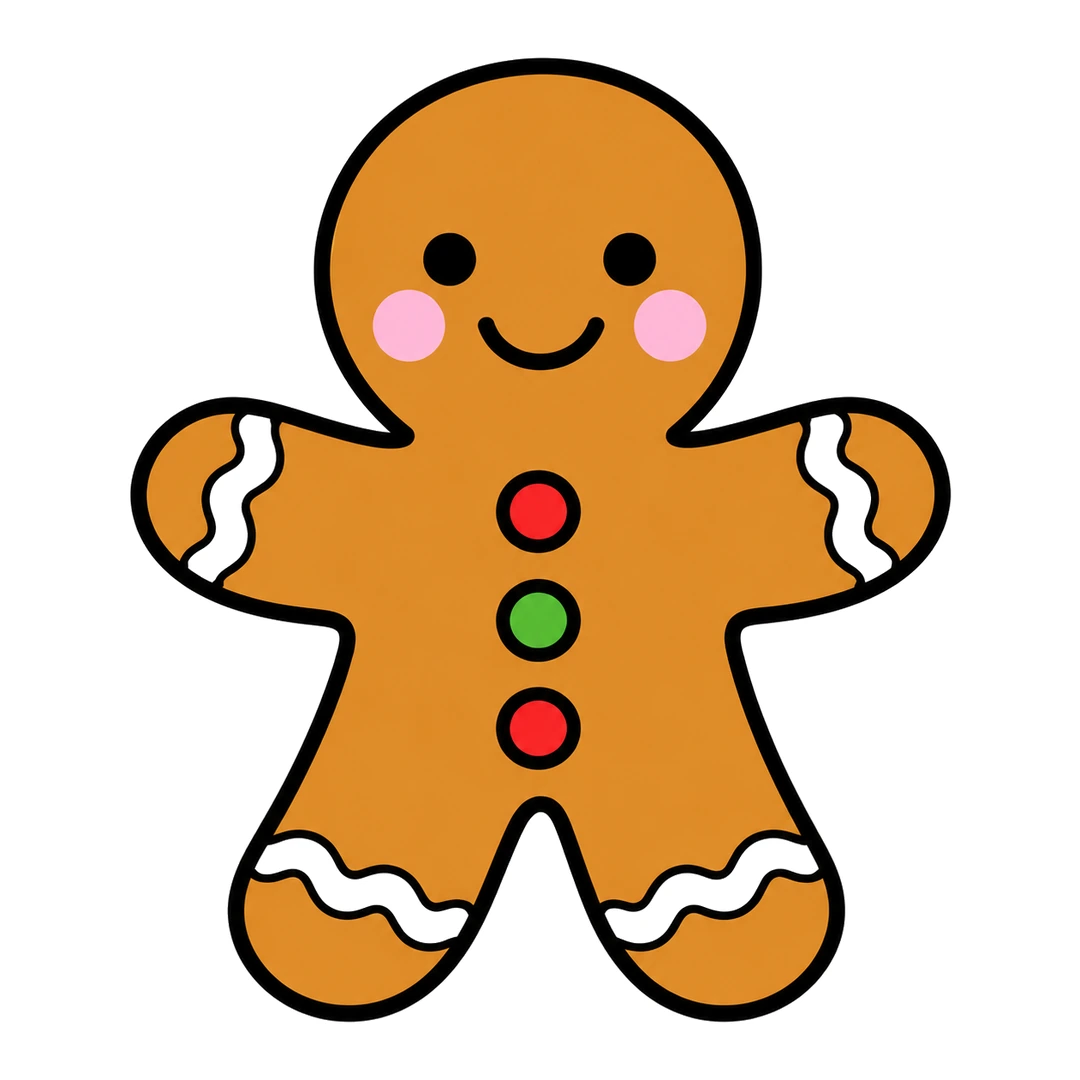 Finished cartoon gingerbread man cookie with white icing, red and green buttons and pink cheeks
