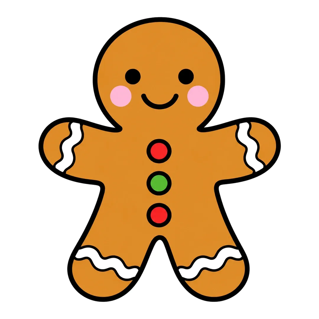 Finished cartoon gingerbread man cookie with white icing, red and green buttons and pink cheeks