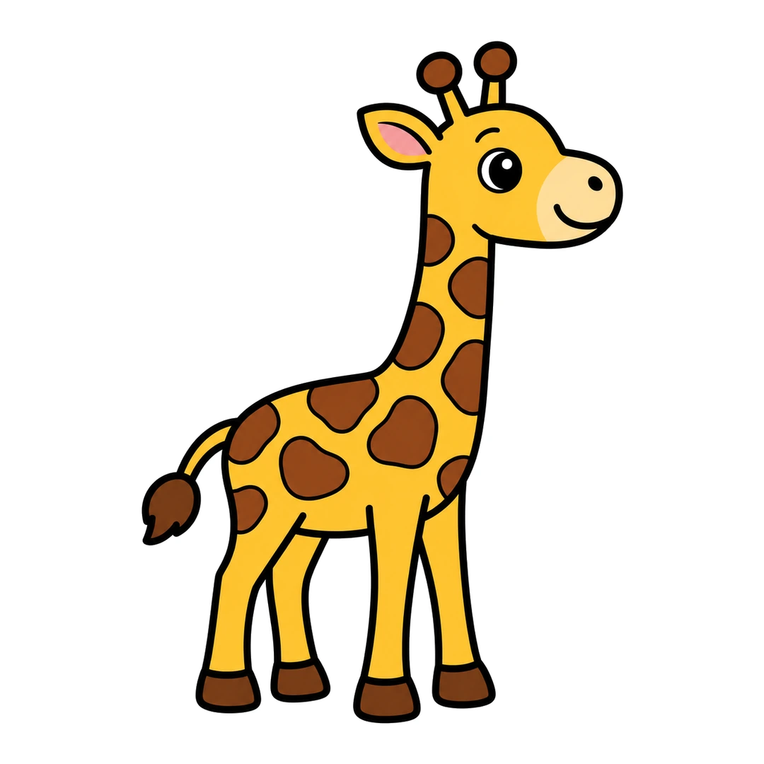 Finished cartoon giraffe facing right, yellow with brown patches, a cream muzzle, a pink inner ear, and brown horn tips, hooves and tail tuft