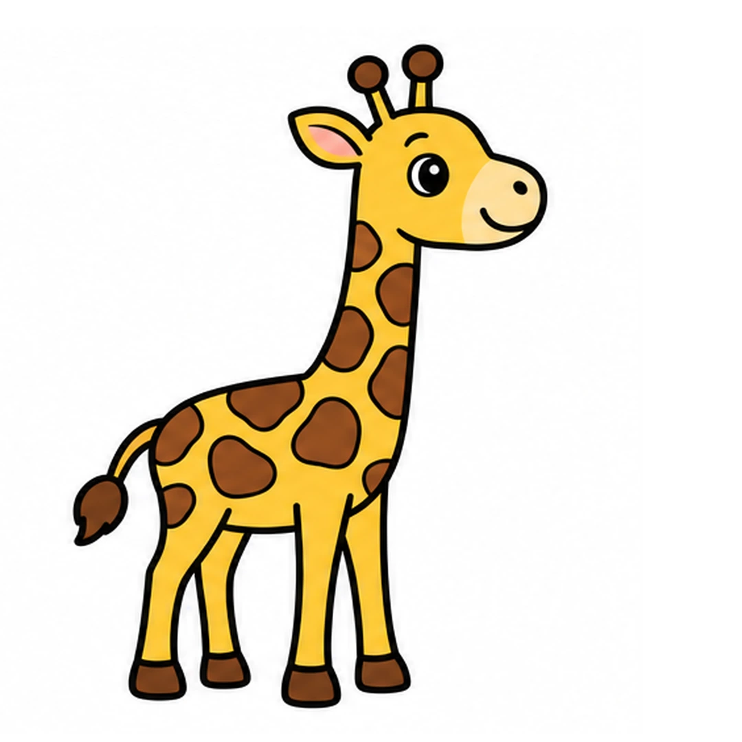 The giraffe colored yellow with brown patches, a cream muzzle, a pink inner ear, and brown horn tips, hooves and tail tuft