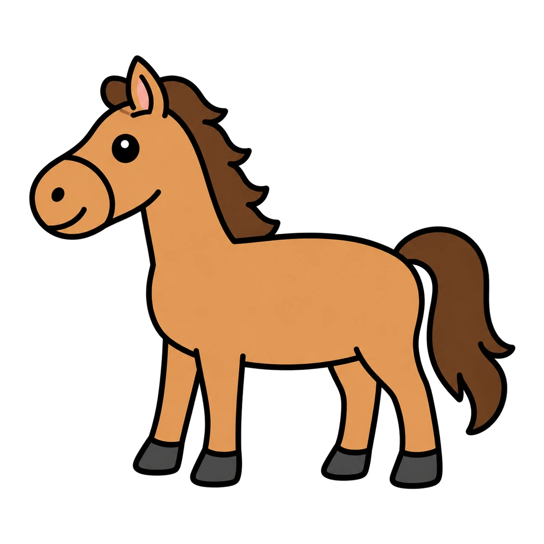 Finished cartoon horse standing and facing left, light brown with a dark brown mane and tail and gray hooves