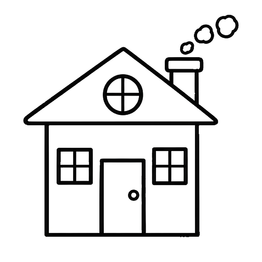 A chimney on the right side of the roof with three puffs of smoke, and a round window with a cross in the roof