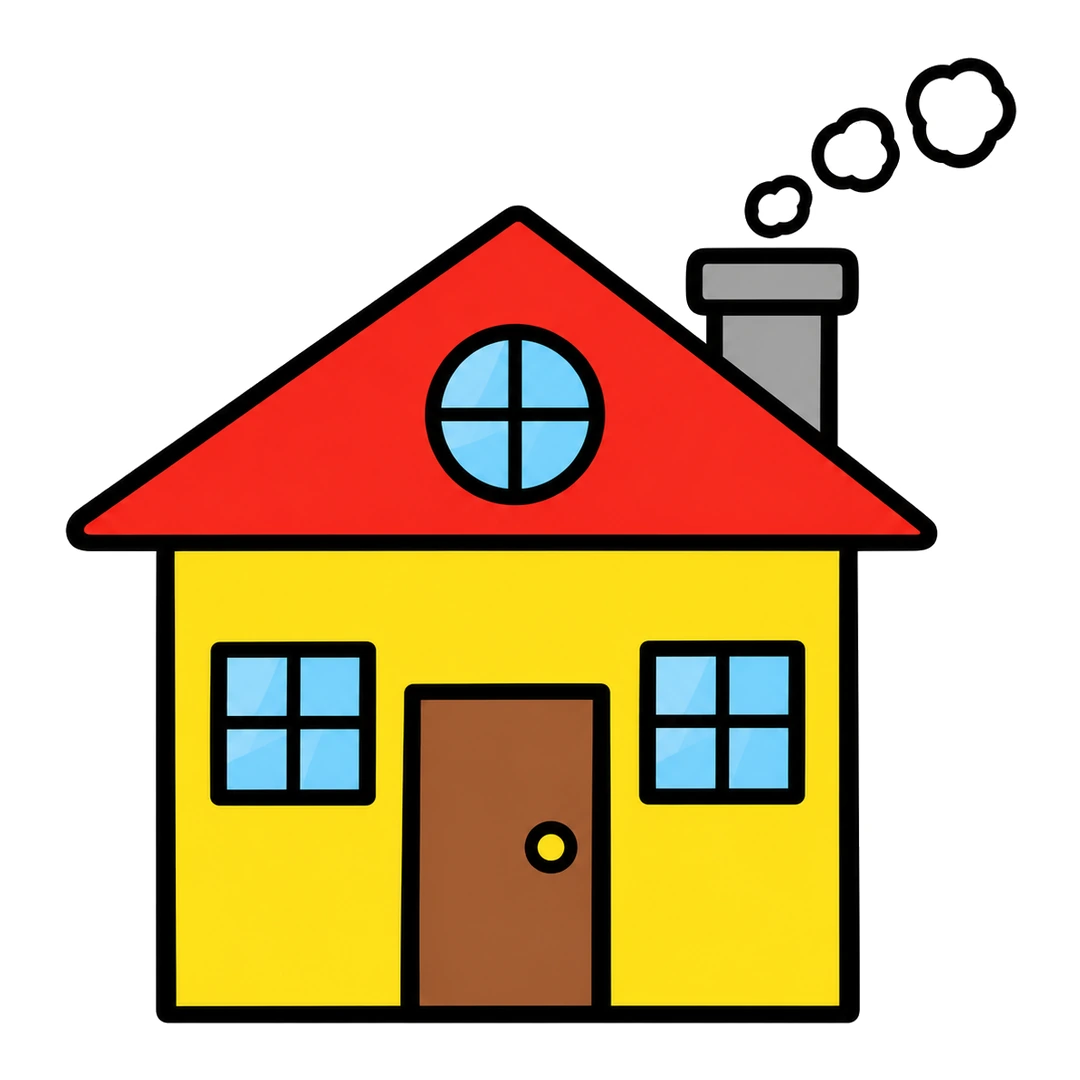 Finished cartoon house with yellow walls, a red roof, a brown door, light blue windows and a gray chimney with smoke