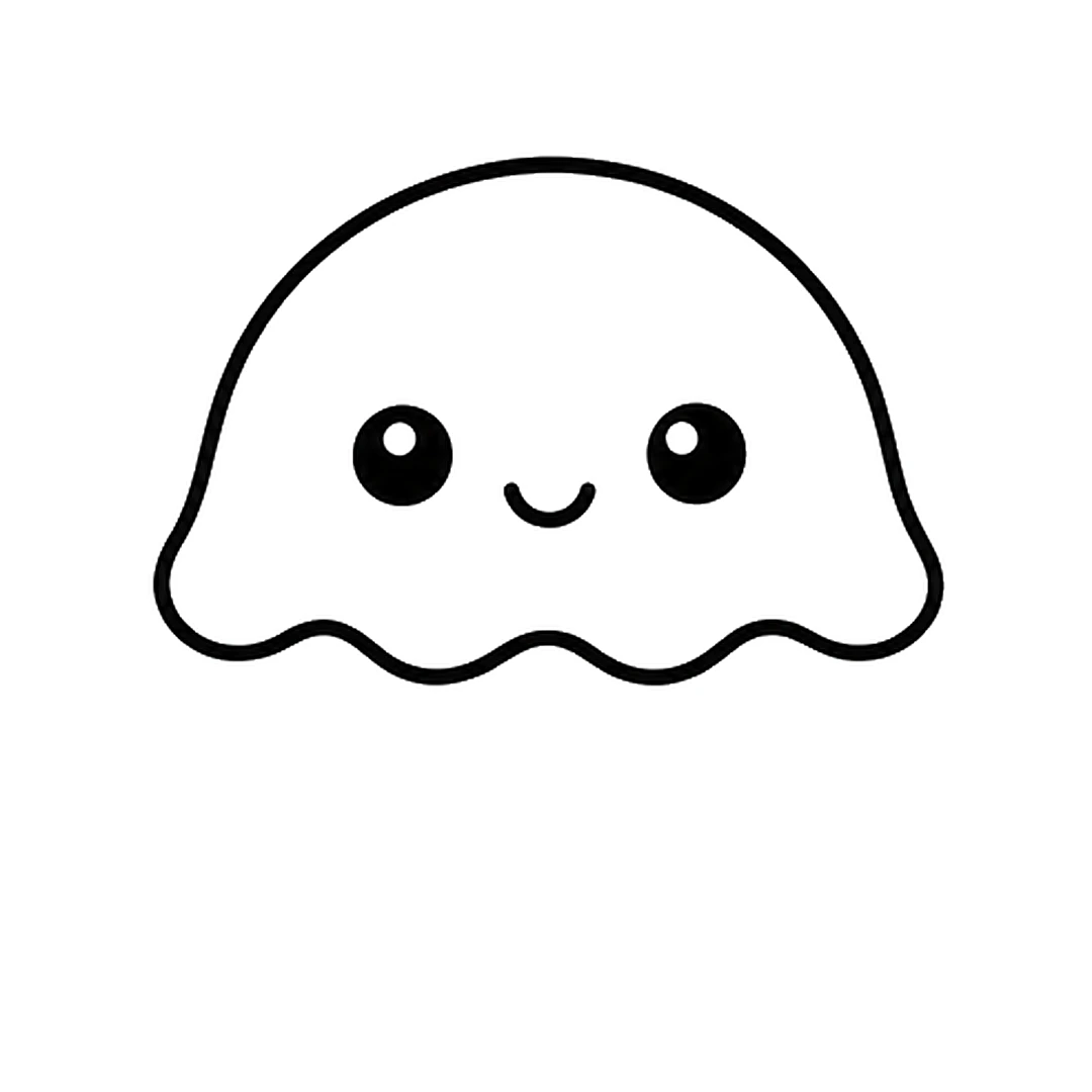 Two round black eyes with shine dots and a small smile on the bell