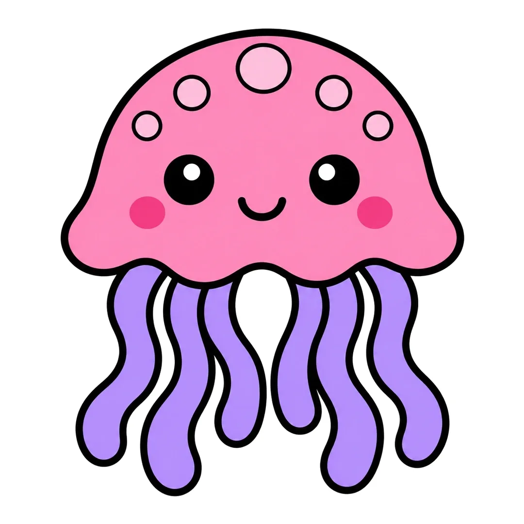 Finished cute cartoon jellyfish with a pink bell, light pink spots, darker pink cheeks and purple wavy tentacles