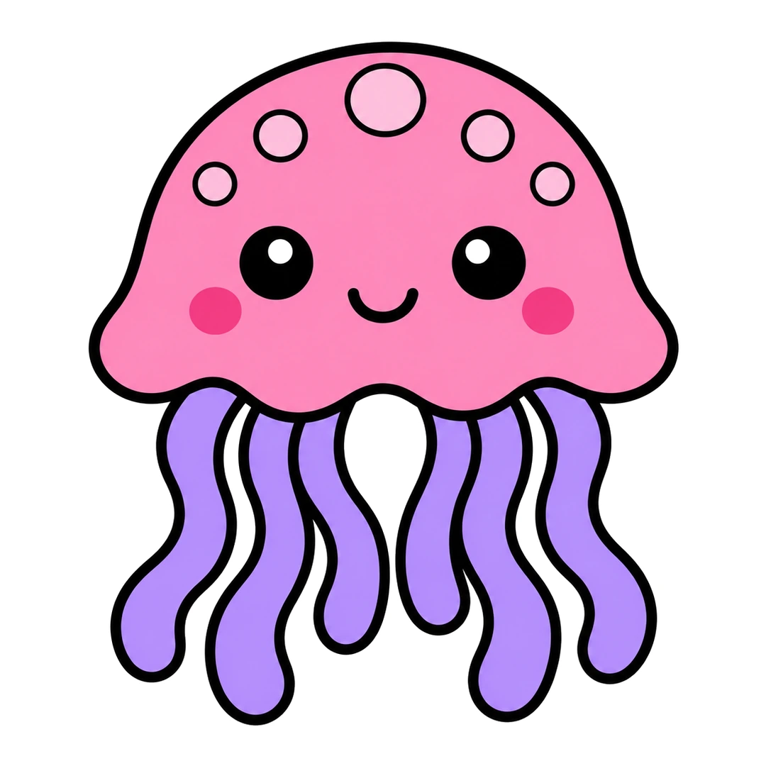 Finished cute cartoon jellyfish with a pink bell, light pink spots, darker pink cheeks and purple wavy tentacles