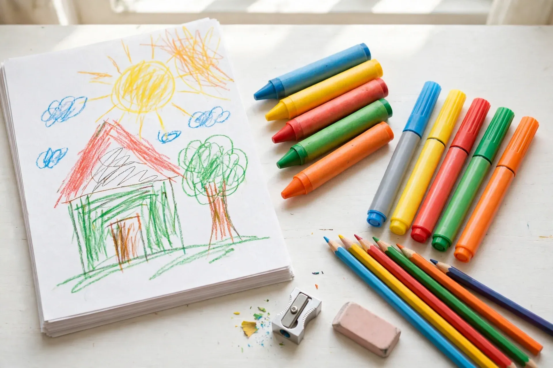 Crayons, washable markers, colored pencils, an eraser and white drawing paper laid out on a table