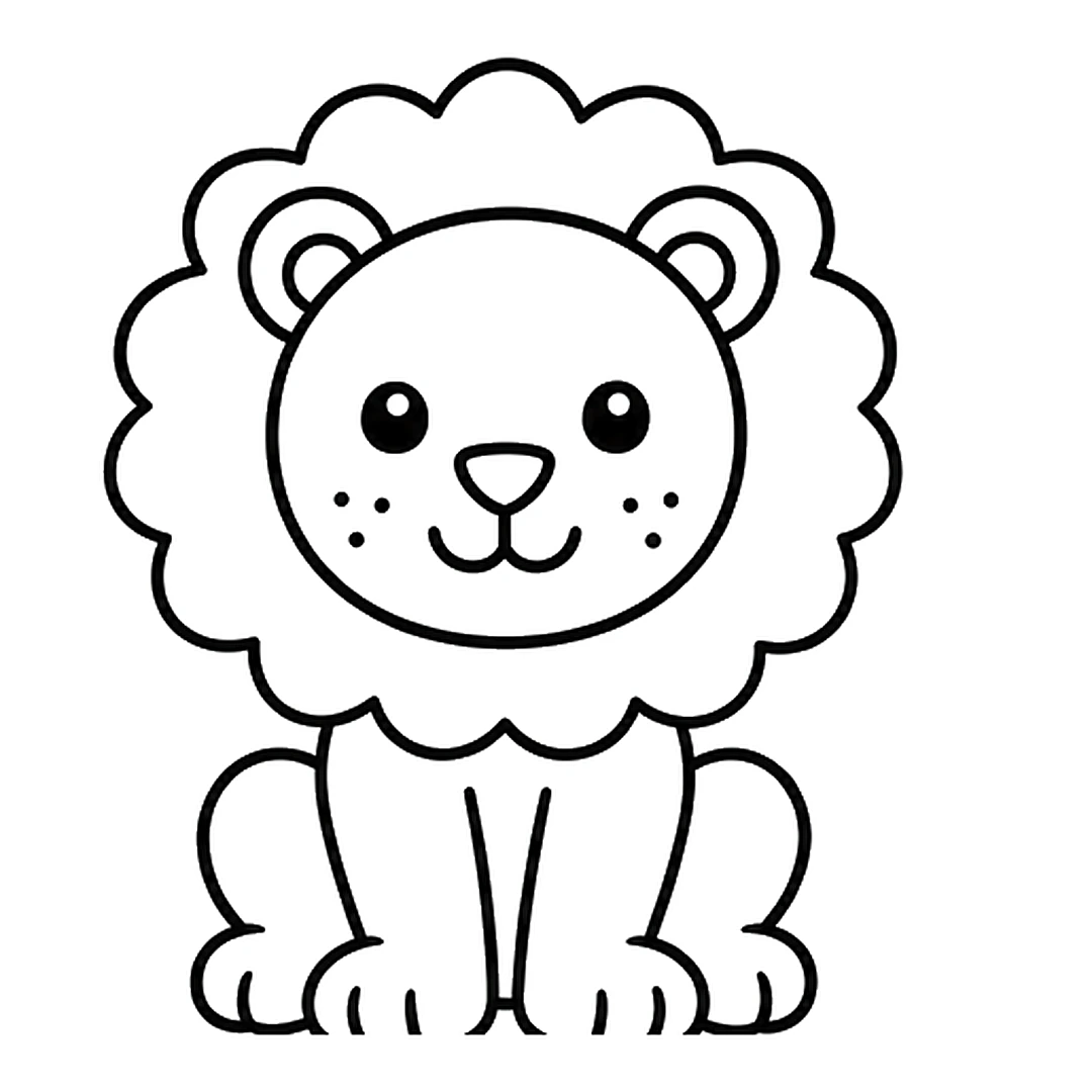 A sitting body under the mane with two front legs, two round back legs and four paws with toe lines
