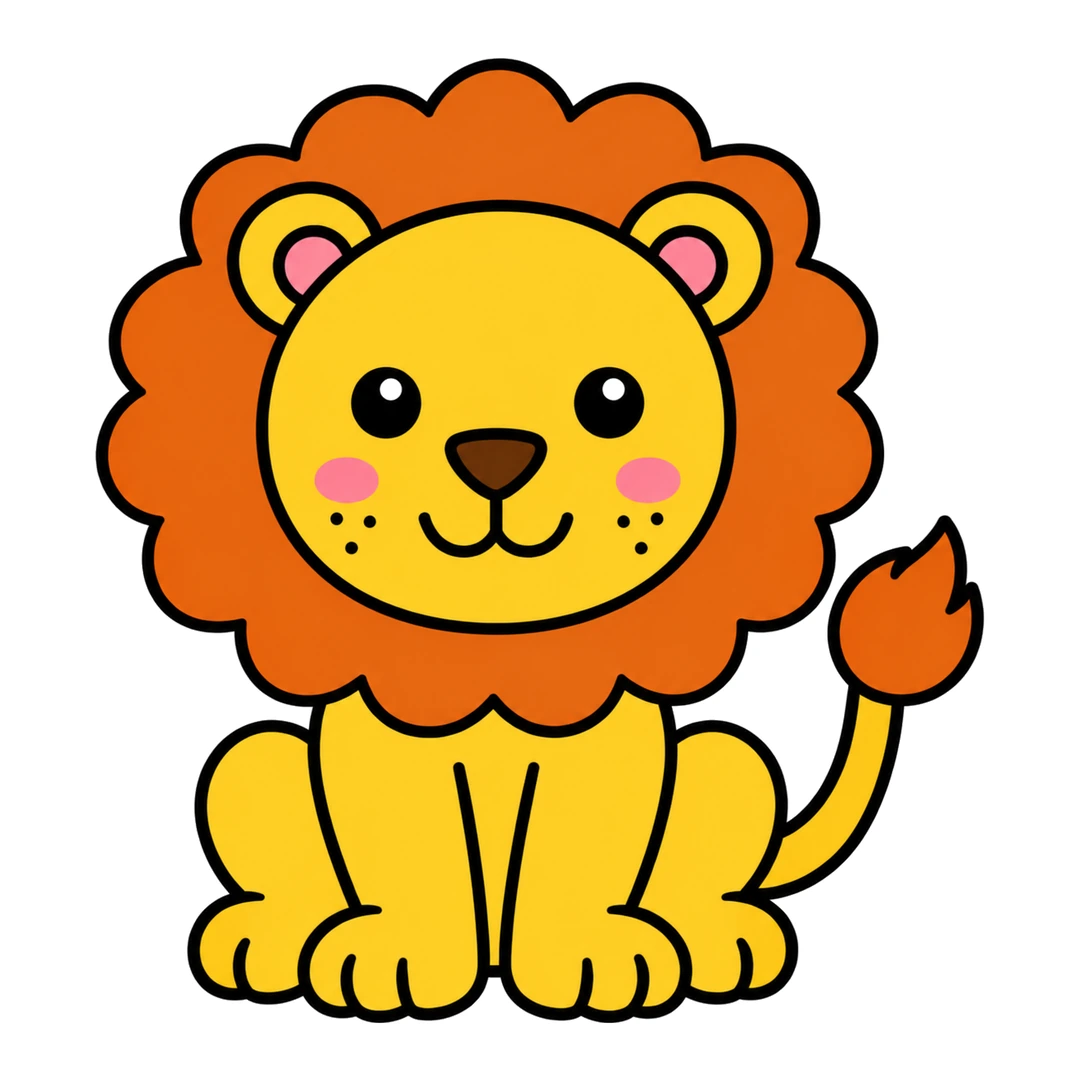 Finished cartoon lion sitting, golden yellow with an orange mane and tail tuft, a brown nose, pink cheeks and pink inner ears