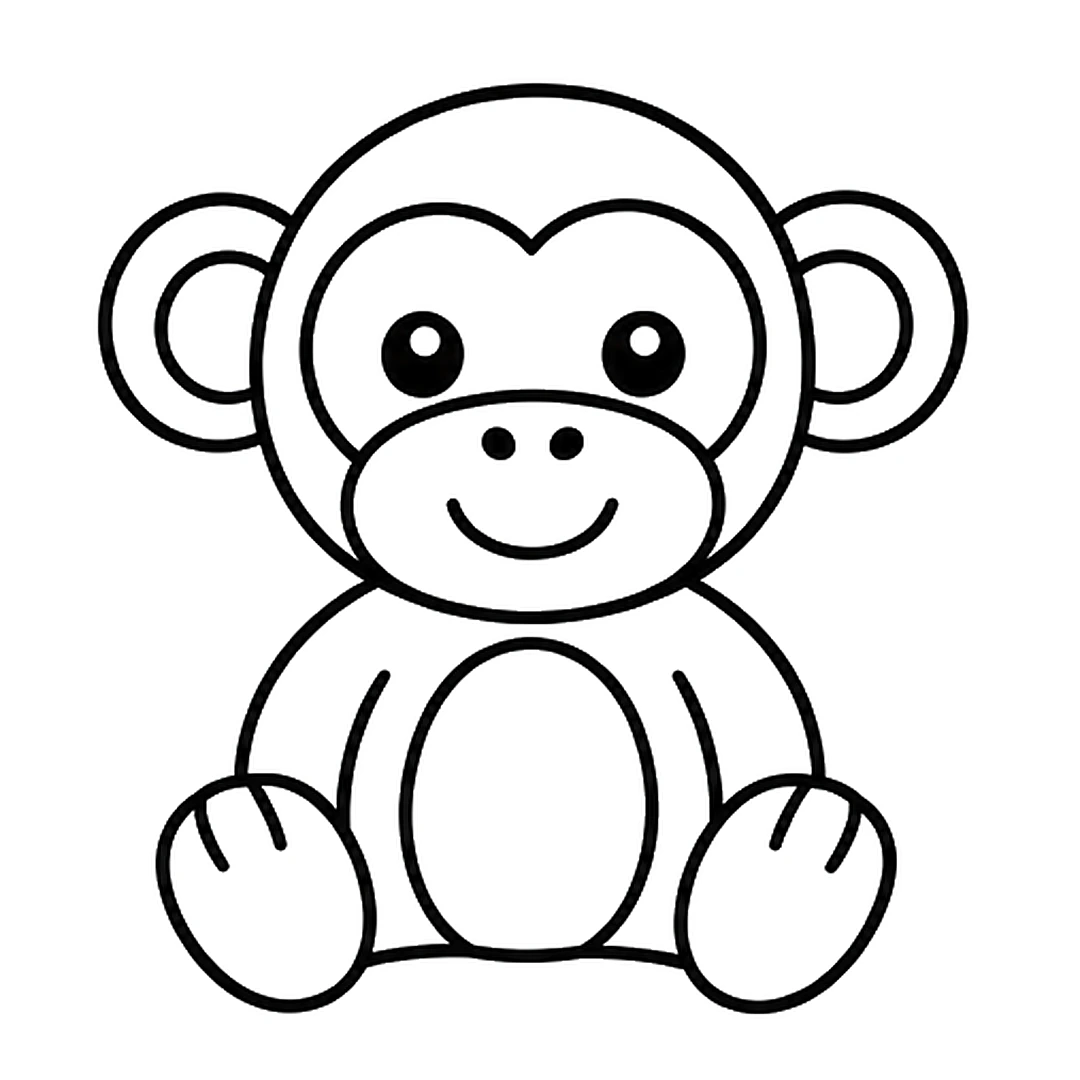 A round sitting body under the head with two arm lines, an oval belly and two round feet with two toe lines each