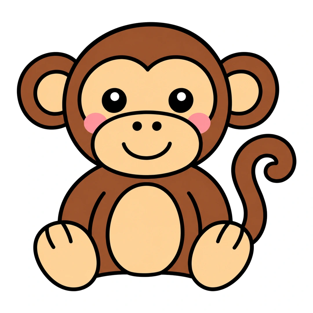 Finished cartoon monkey sitting, brown with a tan face, muzzle, inner ears, belly and feet, pink cheeks and a curly tail