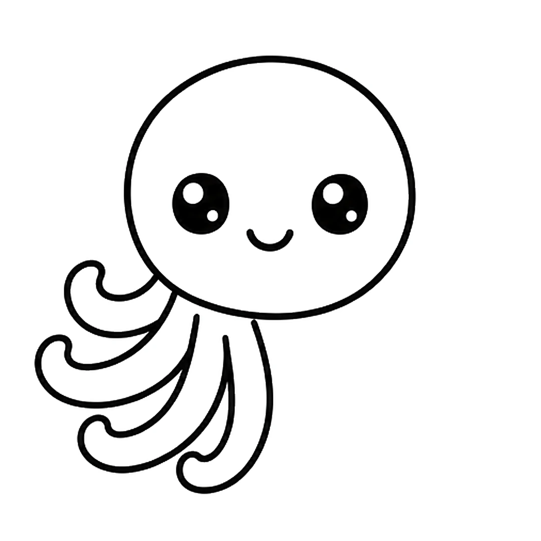 Four curly arms under the left half of the head, with the outer arms curling out to the side