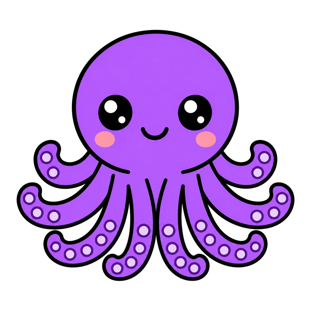 Finished cute cartoon octopus, purple with eight curly arms, light purple suction cups and pink cheeks