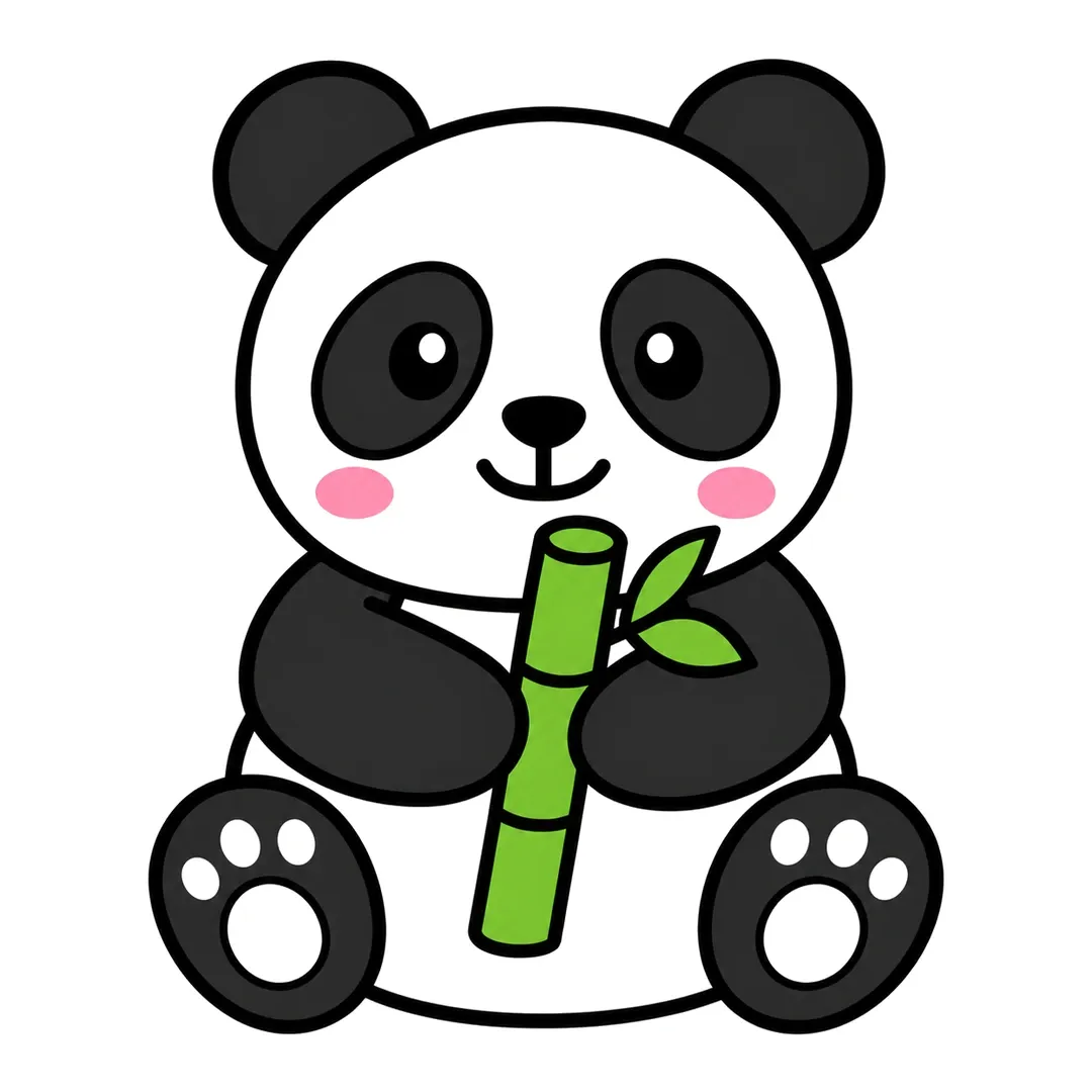 Finished cartoon panda sitting, white with black ears, eye patches, arms and legs, pink cheeks and a green bamboo stalk