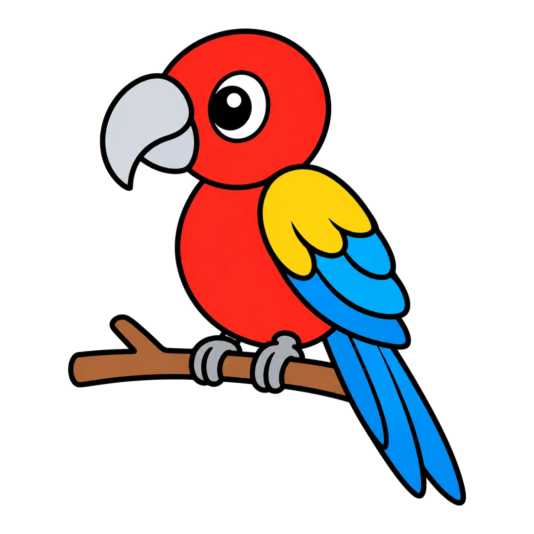 Finished cartoon parrot on a brown branch, red with a white eye, yellow and blue wing, blue tail, gray beak and gray feet