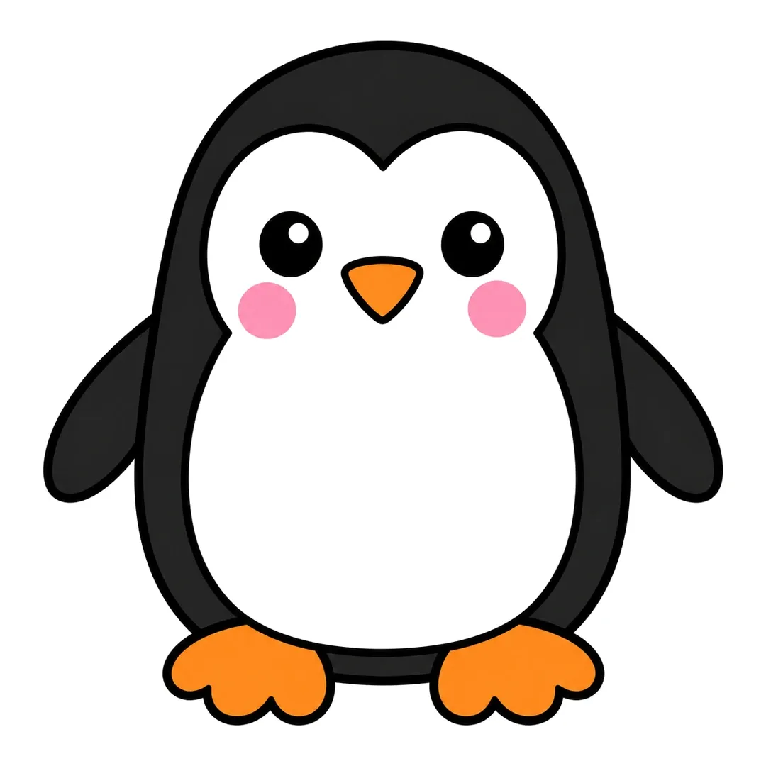 Finished cartoon penguin with a black body, white face and belly, orange beak and feet and pink cheeks