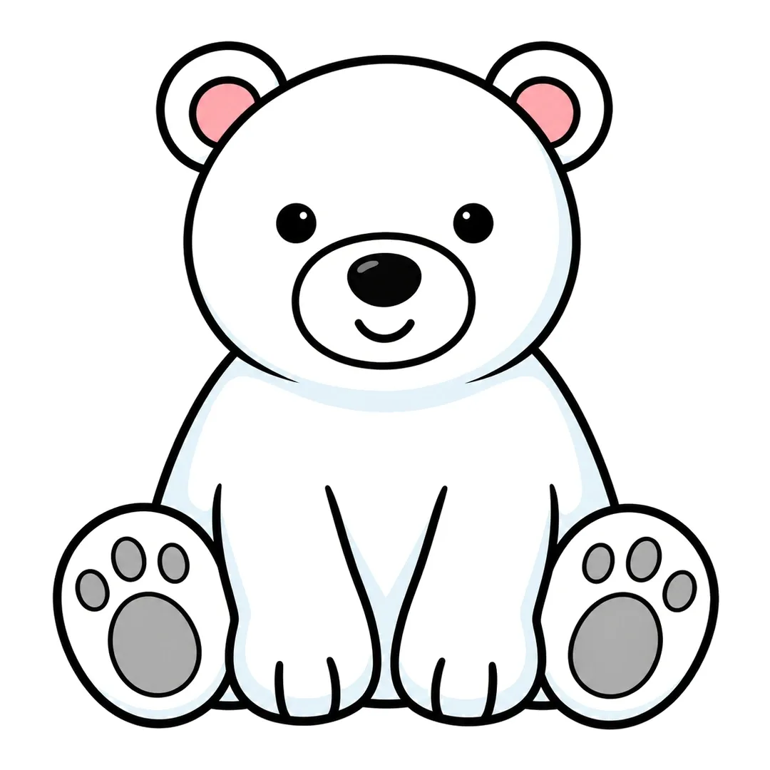 Finished cartoon polar bear sitting with a white body, light blue shading, pink inner ears and gray paw pads