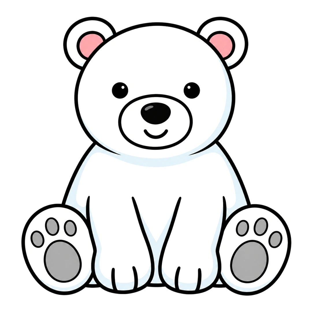 Finished cartoon polar bear sitting with a white body, light blue shading, pink inner ears and gray paw pads