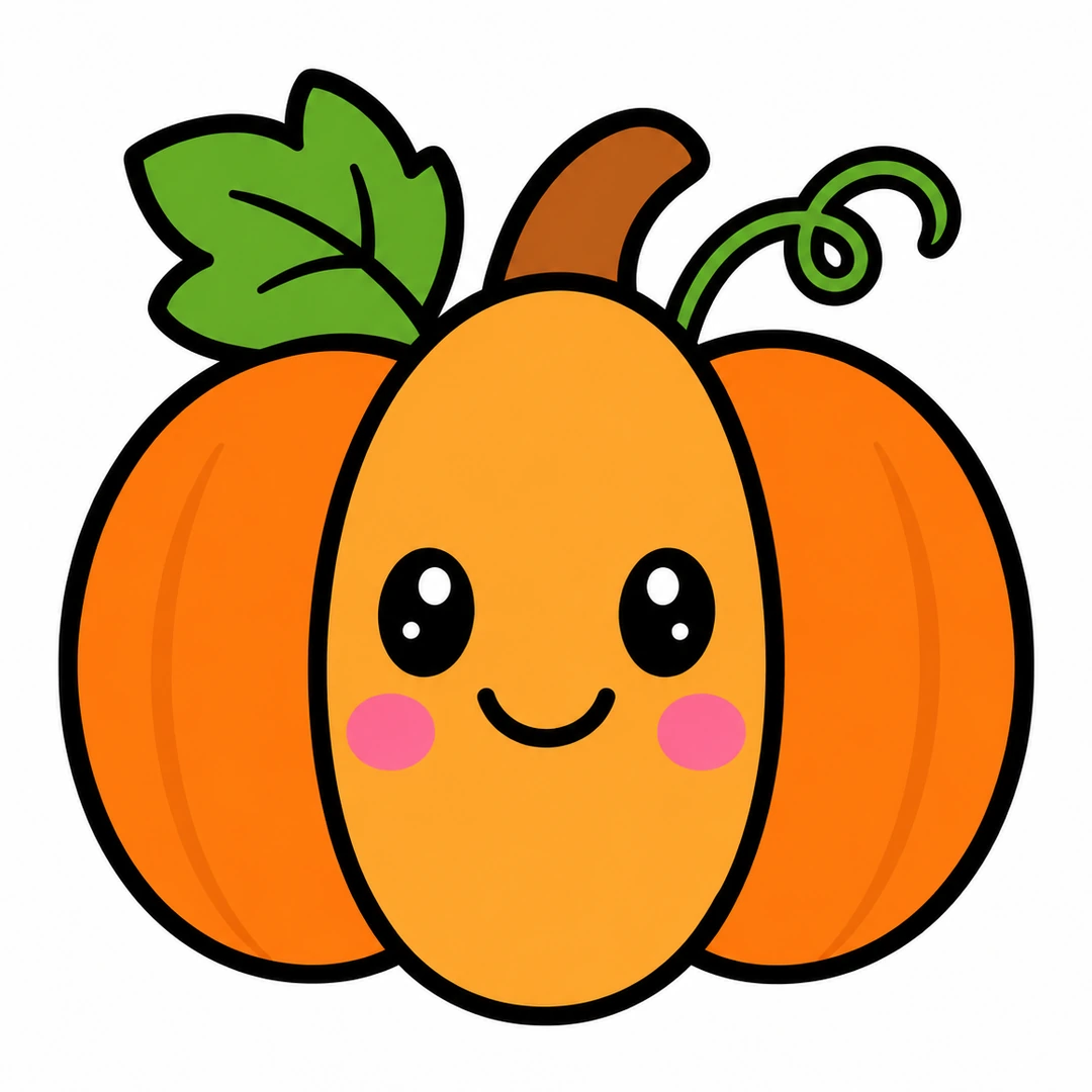 Finished cartoon pumpkin with a smiling face, orange sections, a brown stem, a green leaf and a curly vine