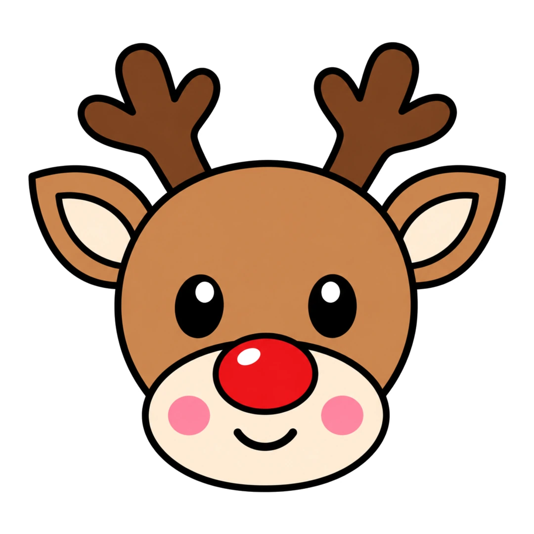 Finished cartoon reindeer face with brown antlers, a bright red nose and pink cheeks
