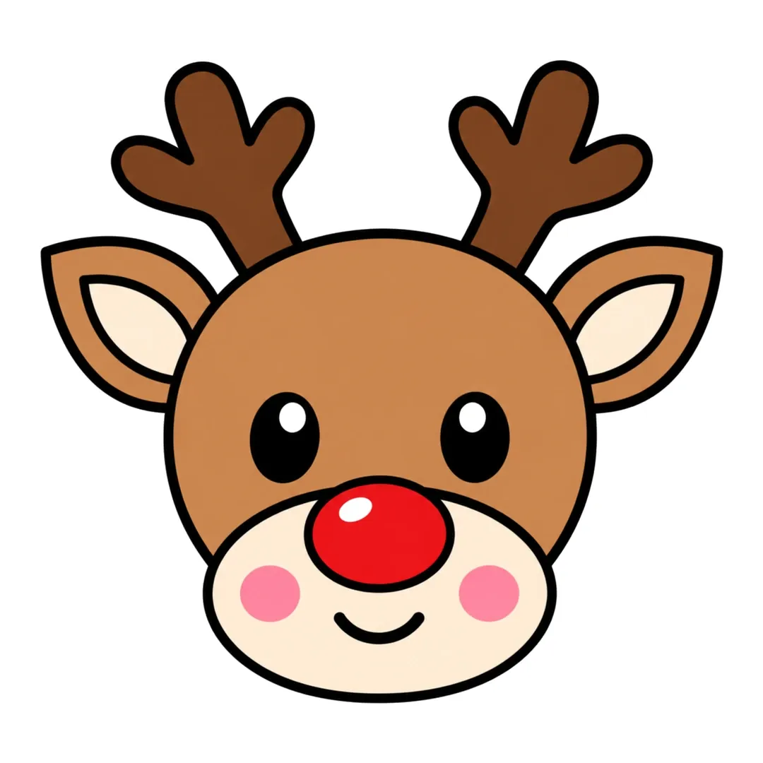 Finished cartoon reindeer face with brown antlers, a bright red nose and pink cheeks