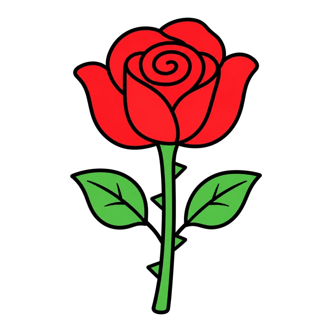 Finished cartoon rose with red petals, a spiral middle, a green stem with thorns and two green leaves