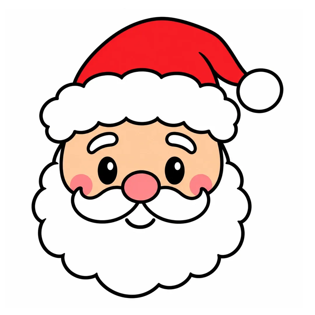 Finished cartoon Santa Claus face with a red hat, white fluffy beard, pink nose and rosy cheeks