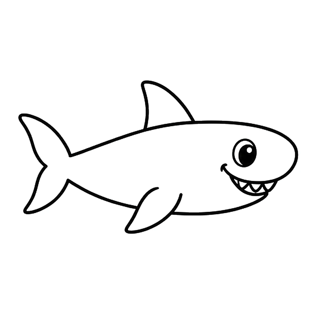 A round eye with a shine dot, a smile with small pointed teeth and a fin under the body