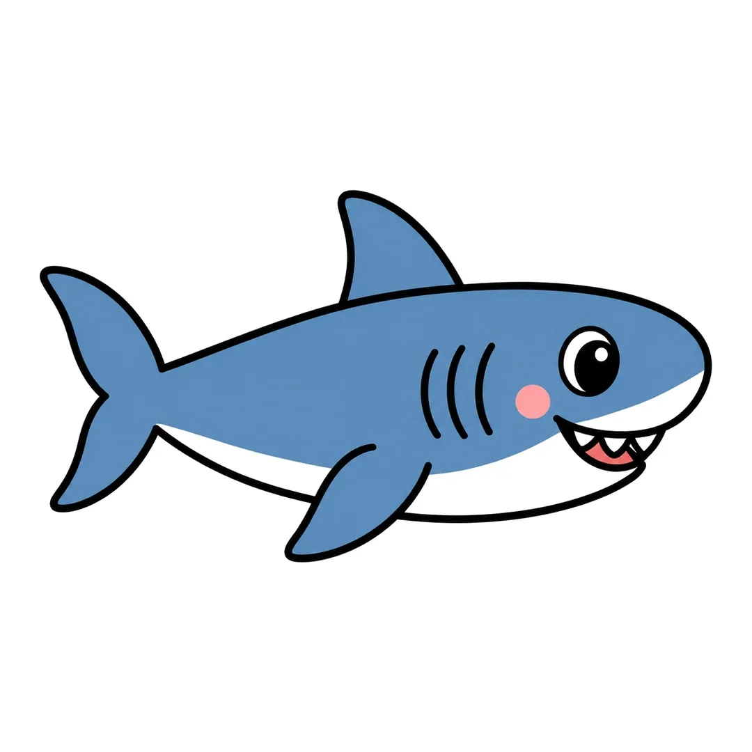 Finished cartoon shark, blue with a white belly, three gill lines, a toothy smile with a red mouth and a pink cheek