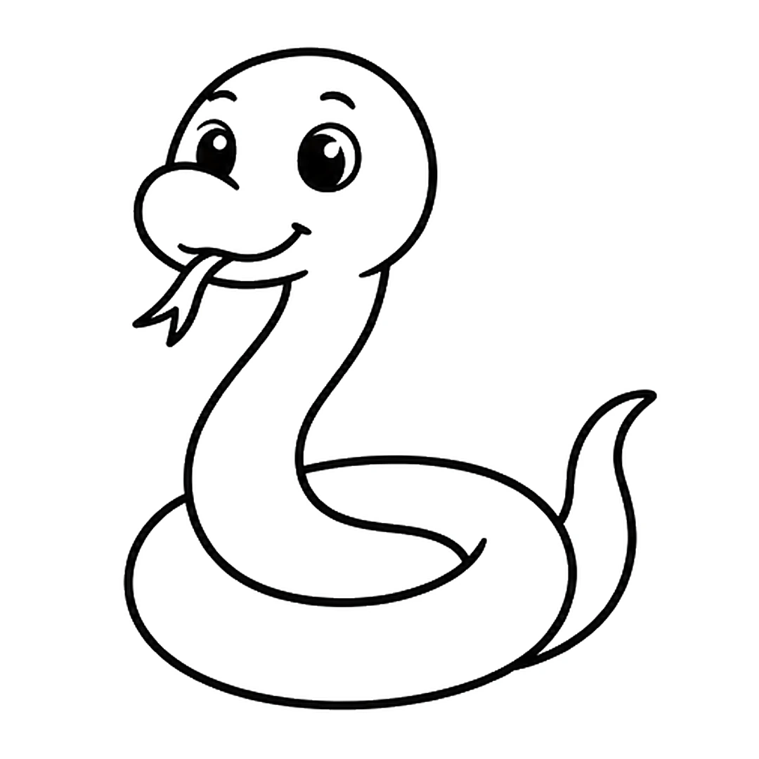 Two big eyes with shine dots, two small eyebrows, a smile and a forked tongue