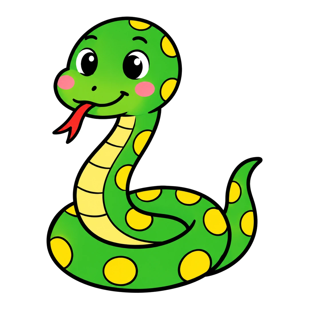 Finished cartoon snake, green with yellow spots, a yellow striped belly, a red forked tongue and pink cheeks