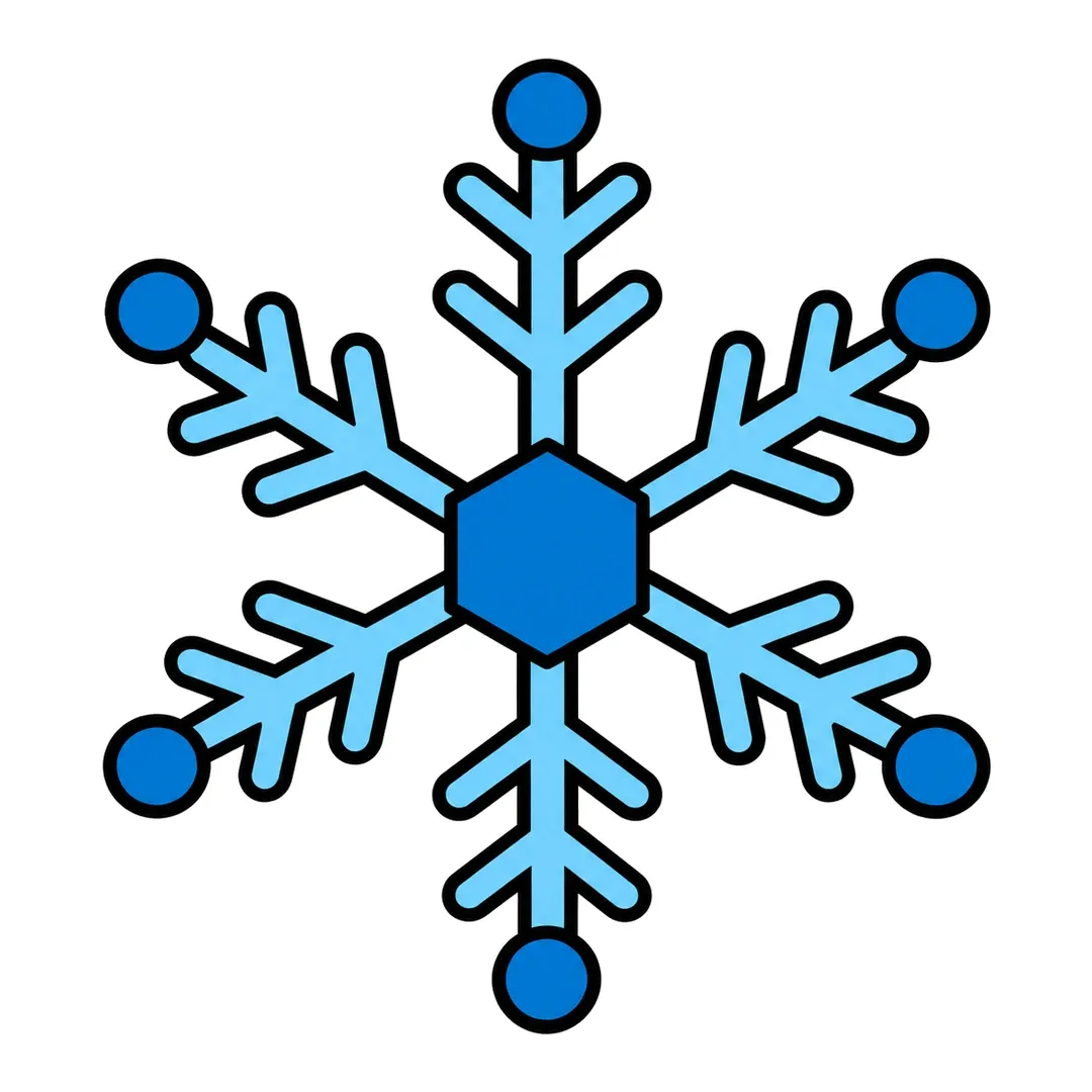 Finished cartoon snowflake with six light blue arms, V-shaped branches, a dark blue hexagon center and round tips