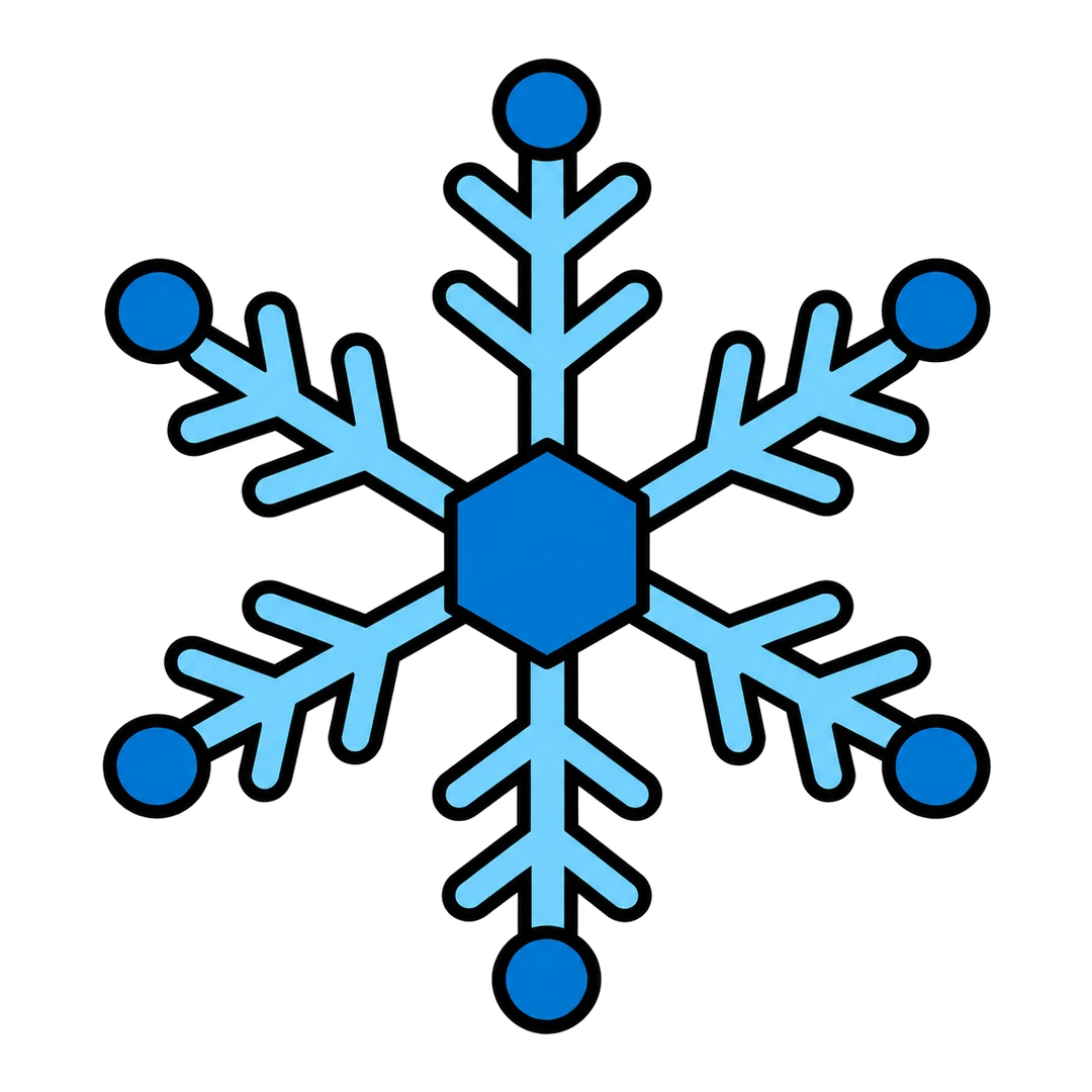 Finished cartoon snowflake with six light blue arms, V-shaped branches, a dark blue hexagon center and round tips