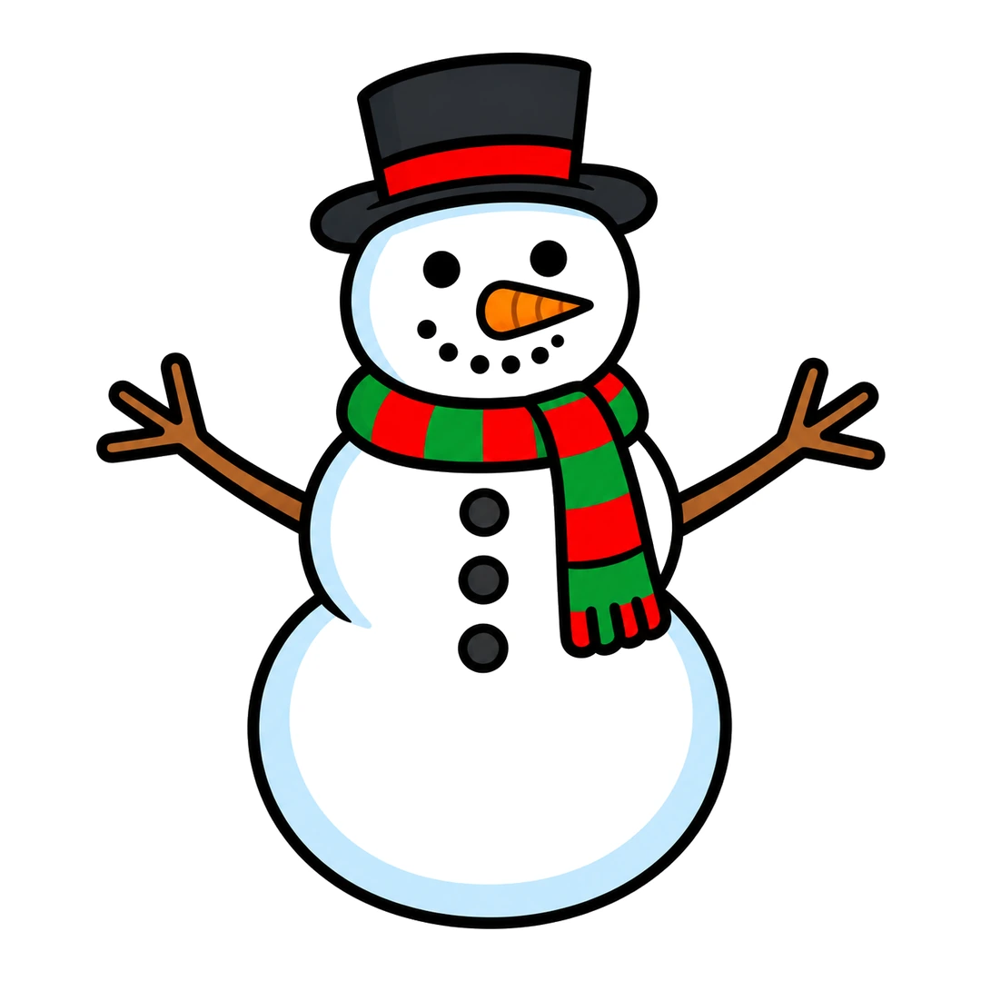 Finished cartoon snowman with a black top hat, carrot nose, red and green scarf and stick arms
