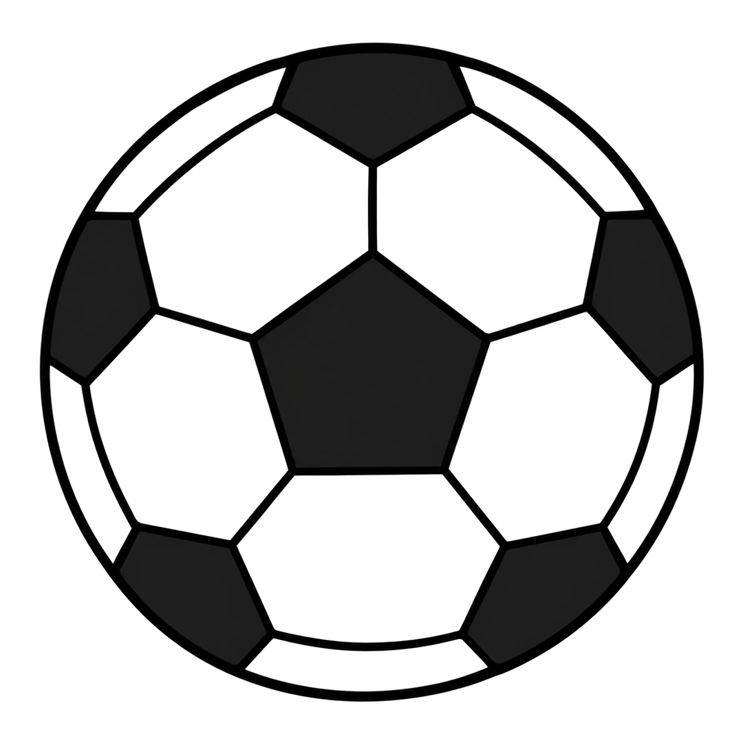 Finished cartoon soccer ball, white with a black pentagon in the middle and five black shapes around the edge