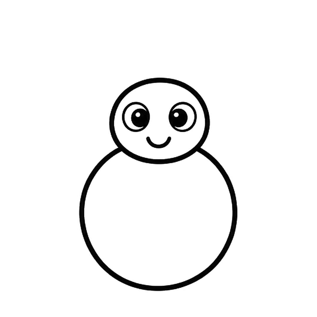Two big eyes with a ring, black pupils and shine dots, and a small smile on the head