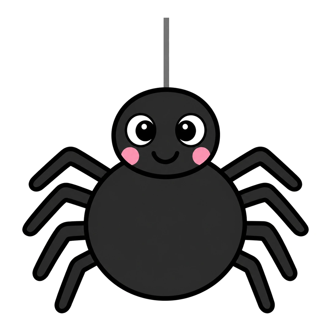 Finished cute cartoon spider hanging on a gray thread, black with eight legs, white eyes with black pupils and pink cheeks