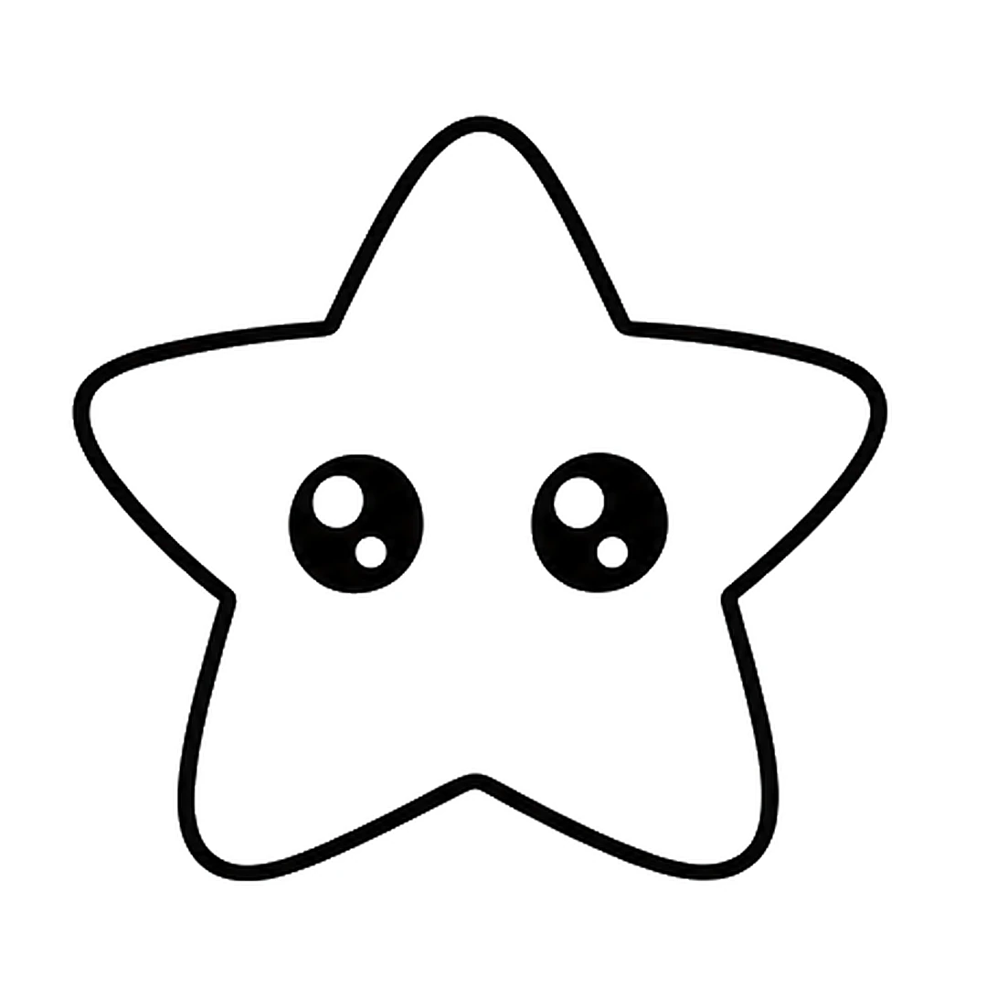 Two big round black eyes in the middle of the star, each with two white shine dots