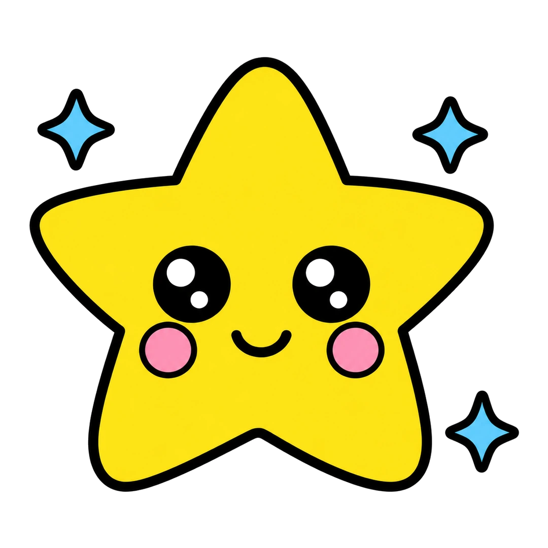Finished cute cartoon star, yellow with a happy face, big black eyes with white shine dots, pink cheeks and three light blue sparkles