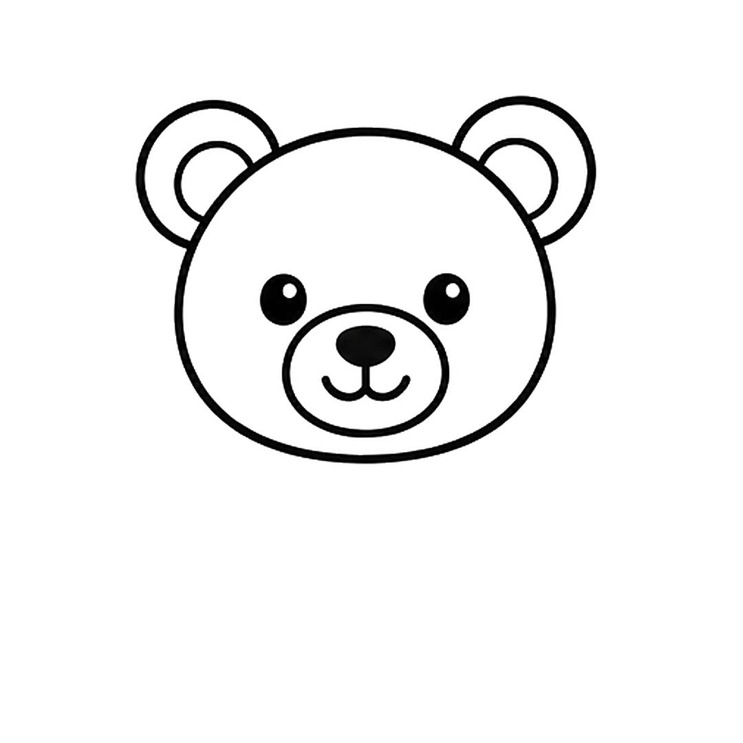 A smaller circle inside each ear, two round eyes and an oval muzzle with a nose and a smile