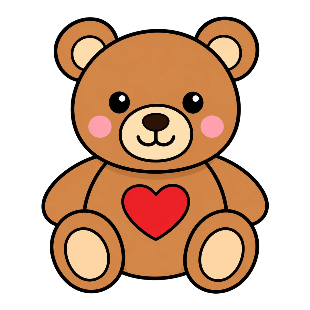 Finished cartoon teddy bear sitting, brown with tan inner ears, muzzle and foot pads, a red heart on the tummy and pink cheeks