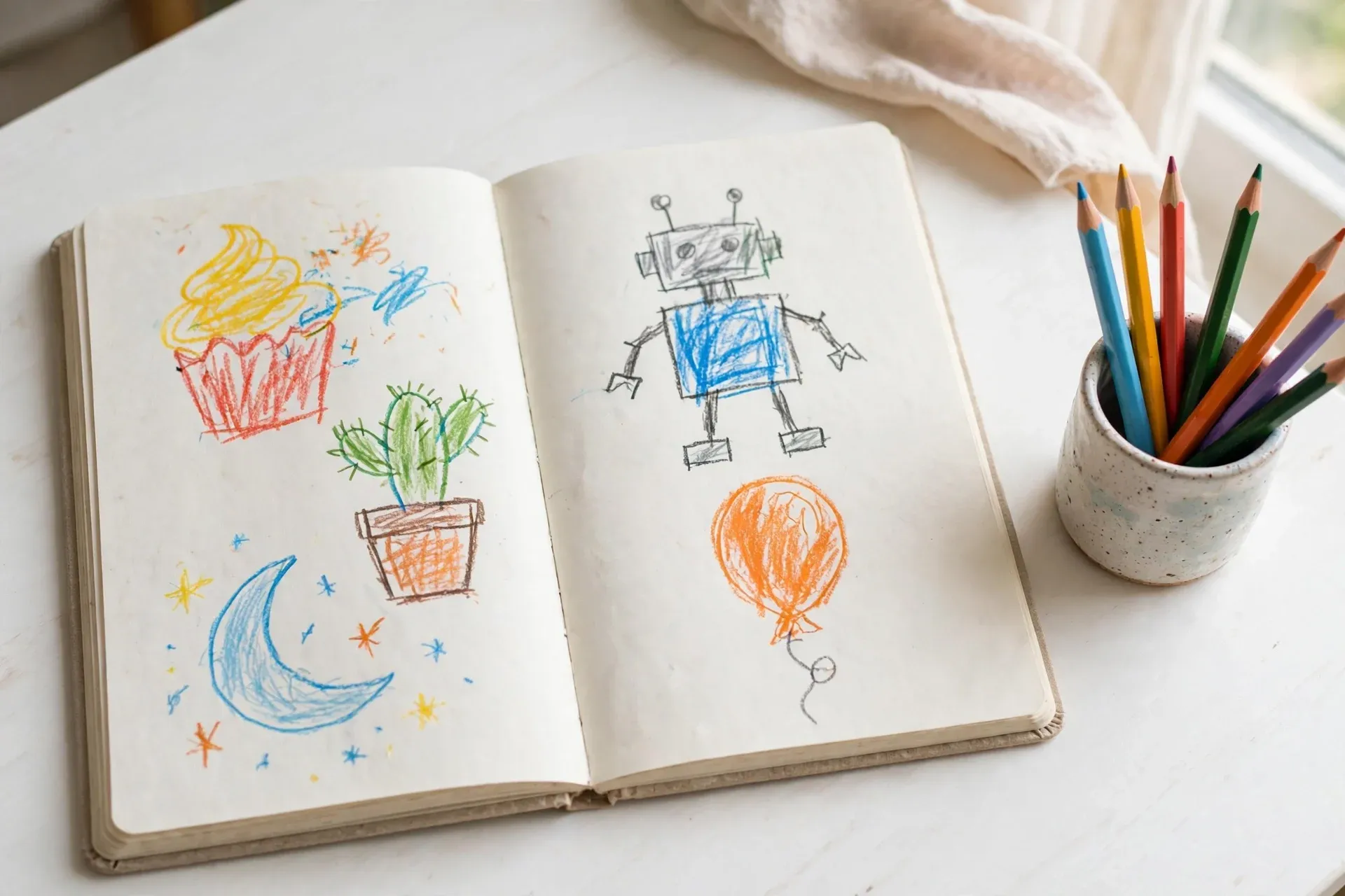 Sketchbook pages with simple doodles of a cupcake, cactus, moon, robot and balloon