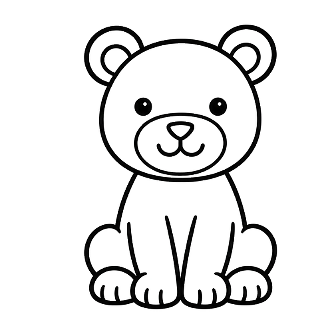 A sitting body under the head with two front legs, round back legs and paws with toe lines